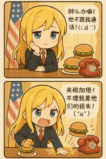 日系双格漫画：少女总统因电话未接通而生气加关税